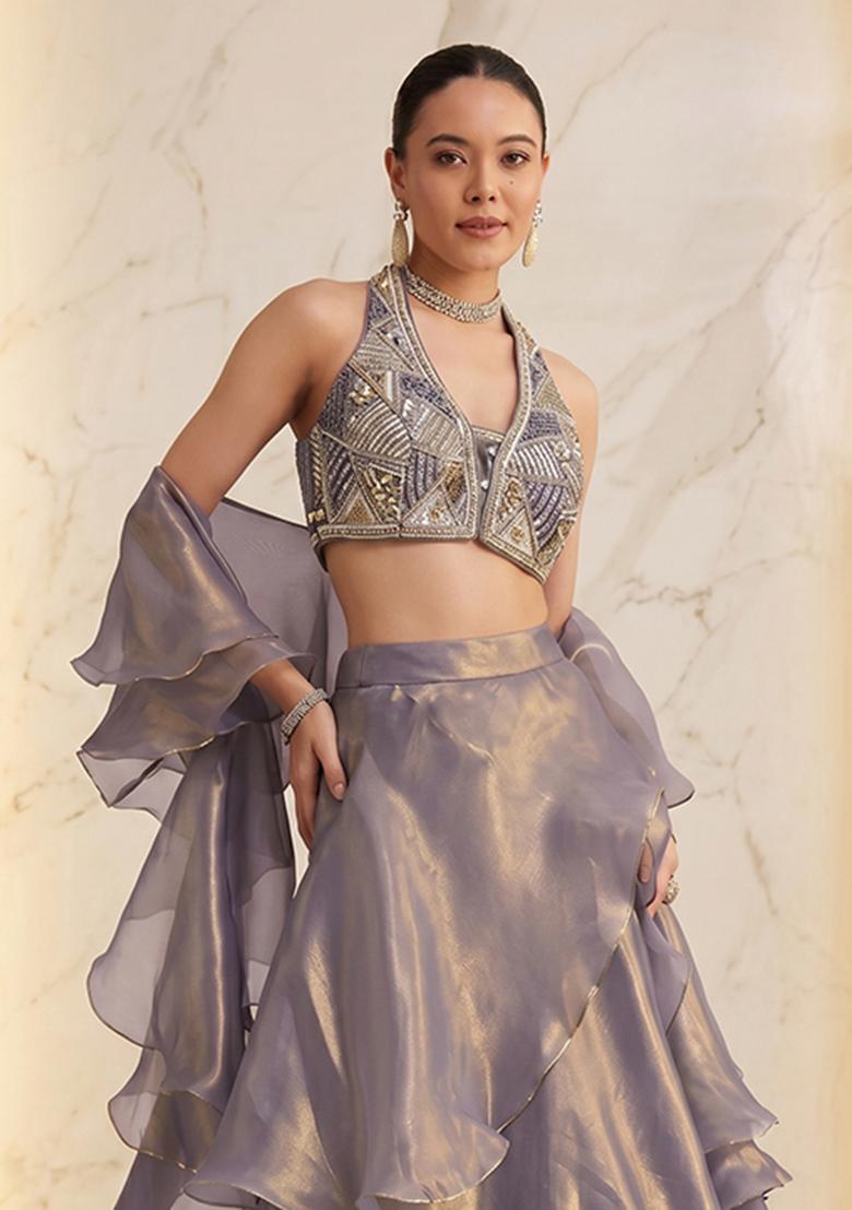 Sage Purple Embroidered Handwork Lehenga Set - Indya