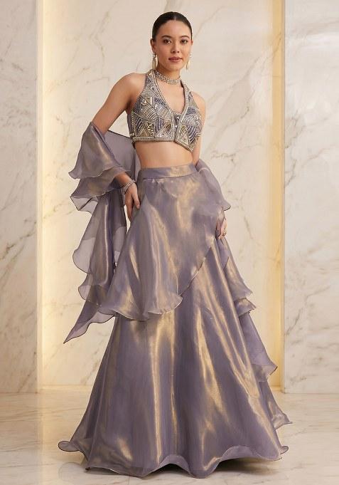 Sage Purple Embroidered Handwork Lehenga Set