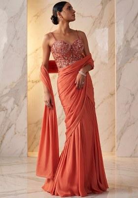 Coral Peach Embroidered Handwork Pre Draped Saree Set