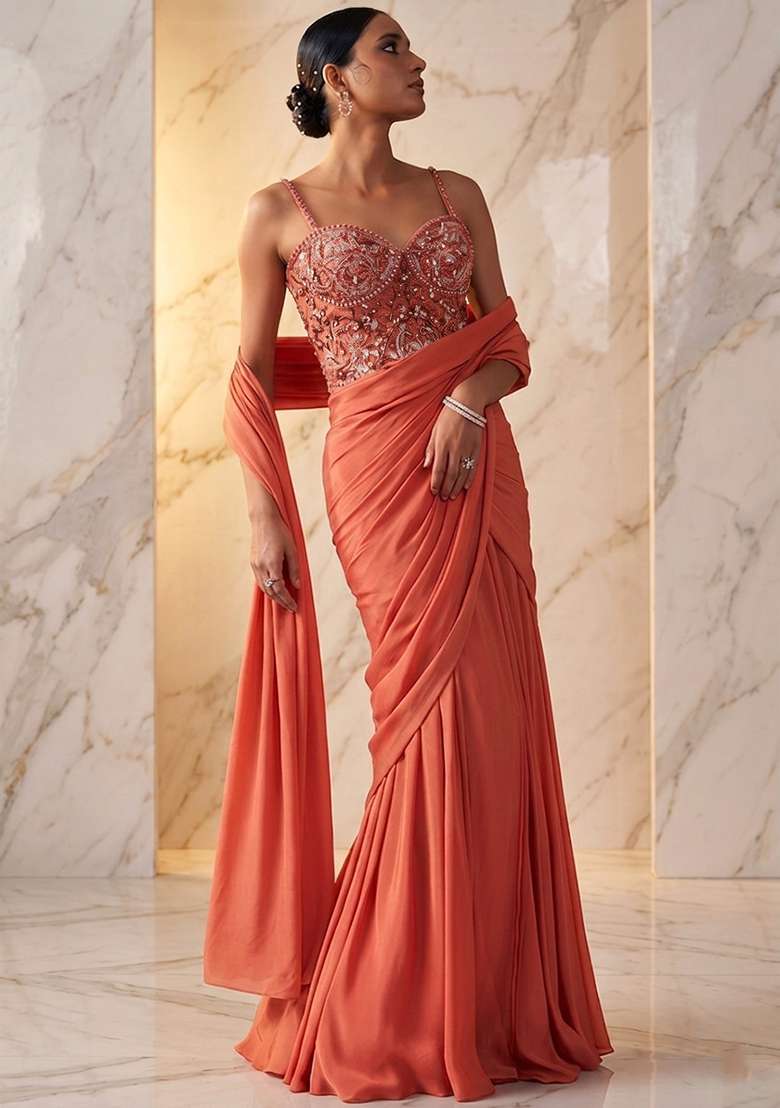 Coral Peach Embroidered Handwork Pre Draped Saree Set - Indya