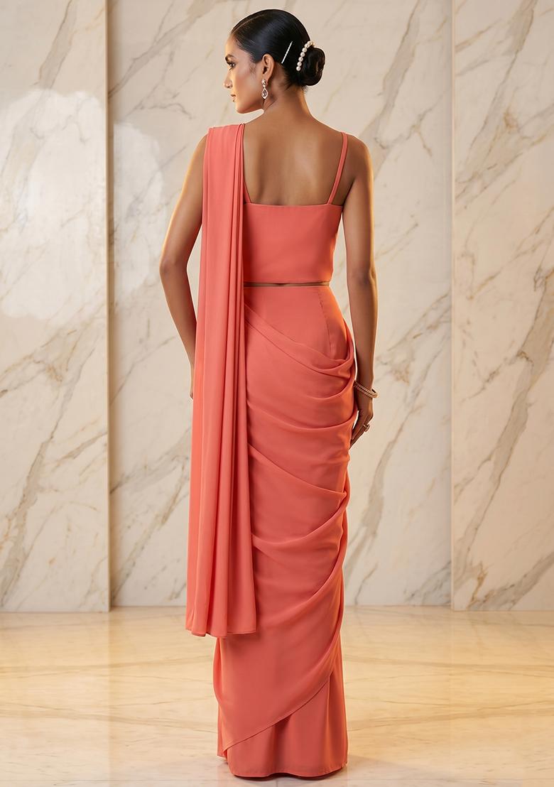 Coral Peach Embroidered Handwork Pre Draped Saree Set - Indya
