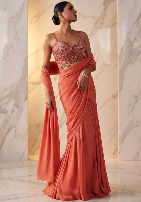 Coral Peach Embroidered Handwork Pre Draped Saree Set