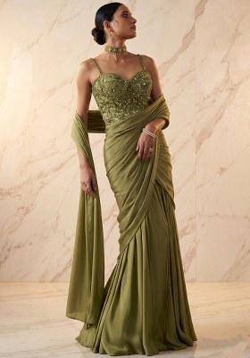 Olive Green Embroidered Handwork Pre Draped Saree Set
