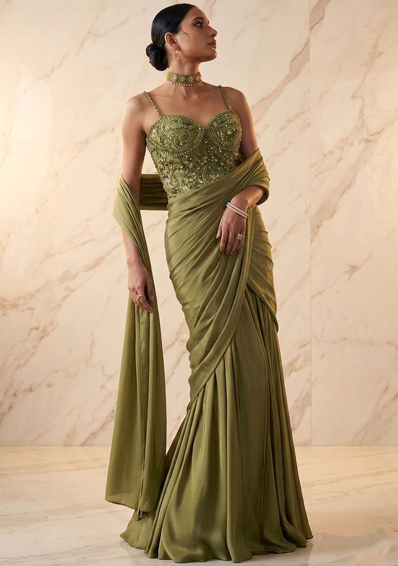 Olive Green Embroidered Handwork Pre Draped Saree Set - Indya