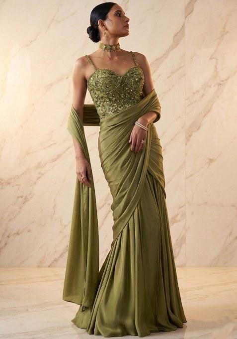 Olive Green Embroidered Handwork Pre Draped Saree Set