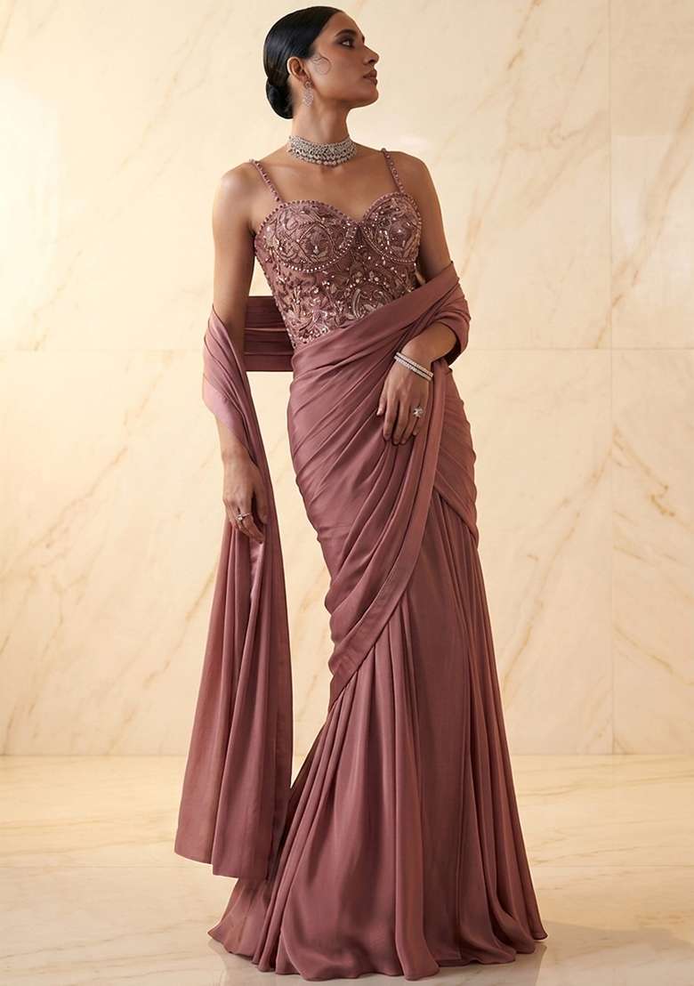Mauve Embroidered Handwork Pre Draped Saree Set - Indya