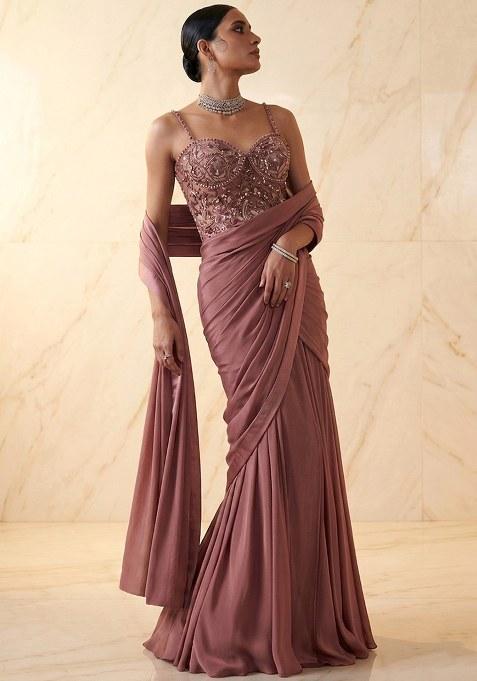 Mauve Embroidered Handwork Pre Draped Saree Set