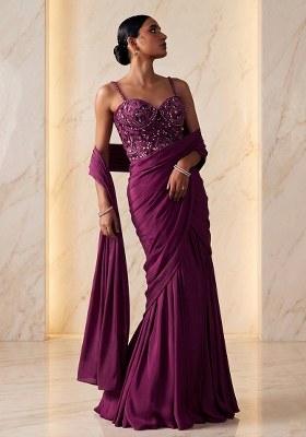 Magenta Pink Embroidered Handwork Pre Draped Saree Set