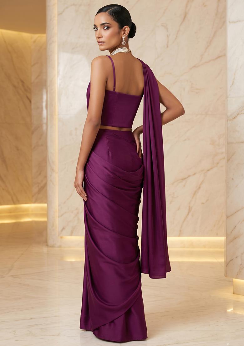 Magenta Pink Embroidered Handwork Pre Draped Saree Set - Indya