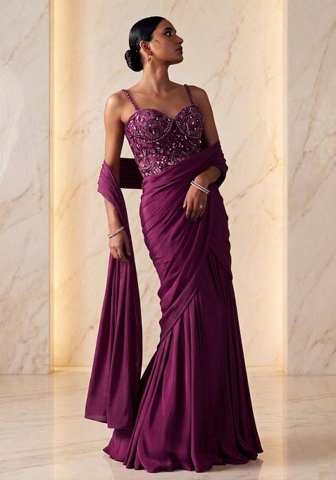 Magenta Pink Embroidered Handwork Pre Draped Saree Set