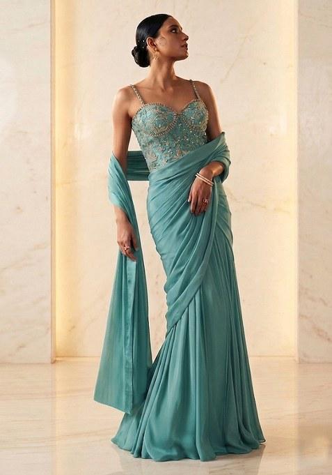 Sea Blue Embroidered Handwork Pre Draped Saree Set