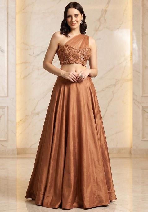 Burnt Orange Embroidered Handwork Lehenga Set