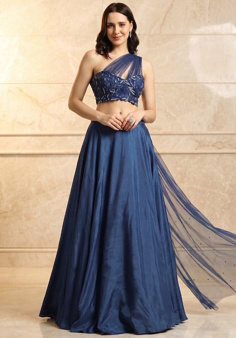 Navy Blue Embroidered Handwork Lehenga Set