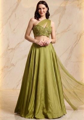 Olive Green Embroidered Handwork Lehenga Set