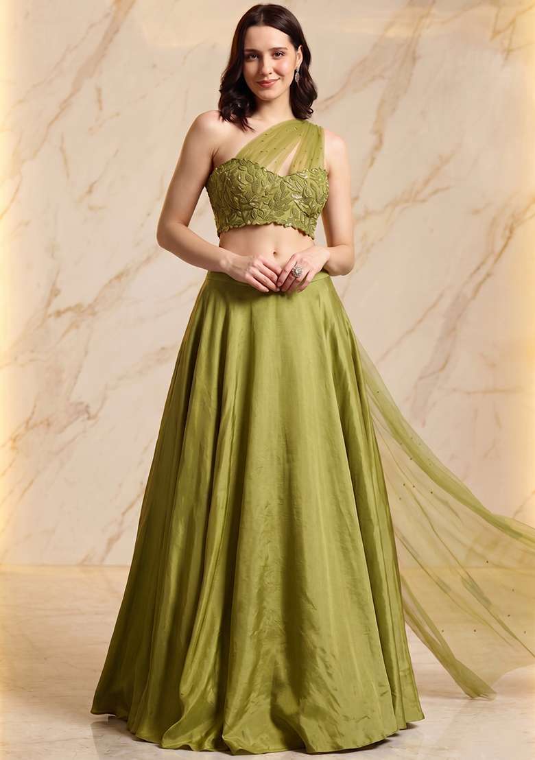 Olive Green Embroidered Handwork Lehenga Set - Indya