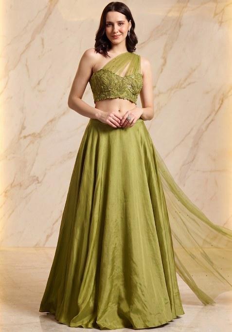 Olive Green Embroidered Handwork Lehenga Set