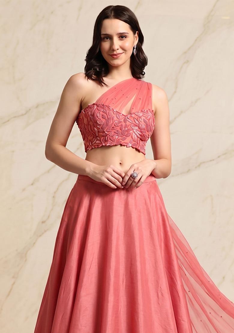 Coral Pink Embroidered Handwork Lehenga Set - Indya
