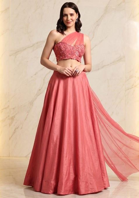 Coral Pink Embroidered Handwork Lehenga Set