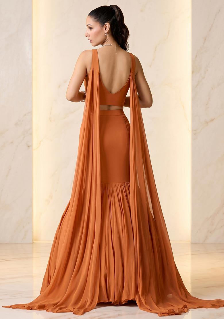 Orange Embroidered Handwork Lehenga Set - Indya