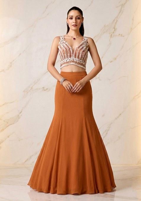 Orange Embroidered Handwork Lehenga Set