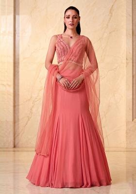Coral Pink Embroidered Handwork Lehenga Set
