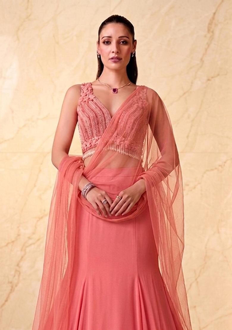 Coral Pink Embroidered Handwork Lehenga Set - Indya