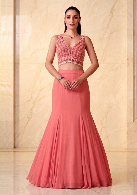 Coral Pink Embroidered Handwork Lehenga Set