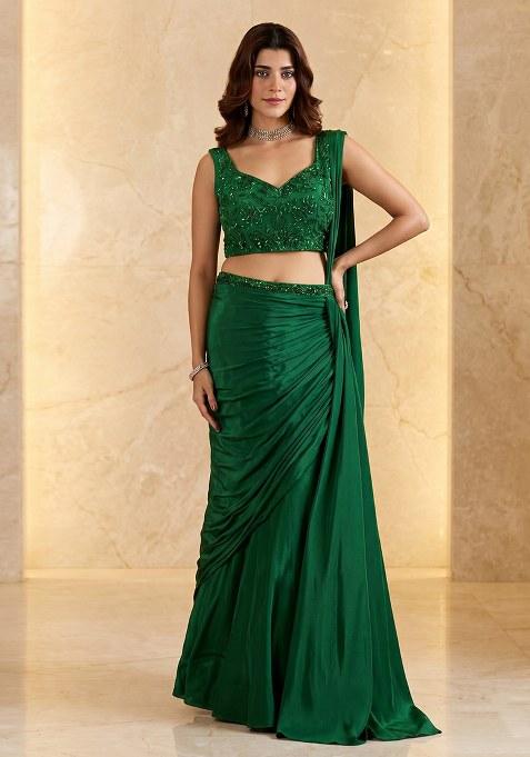 Bottle Green Embroidered Handwork Pre Draped Saree Set