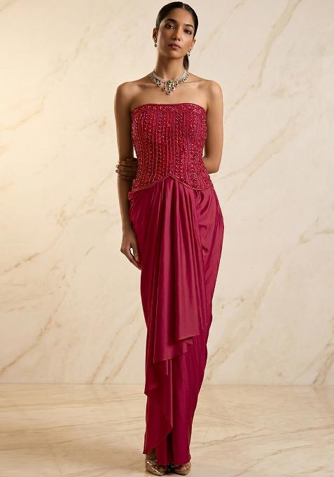 Cherry Red Embroidered Handwork Fusion Set