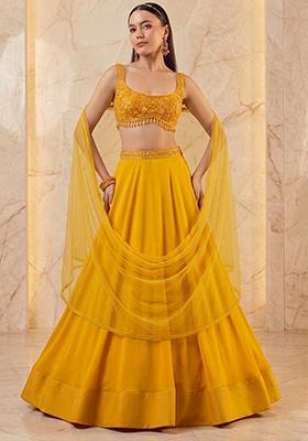 Mustard Yellow Embroidered Handwork Lehenga Set