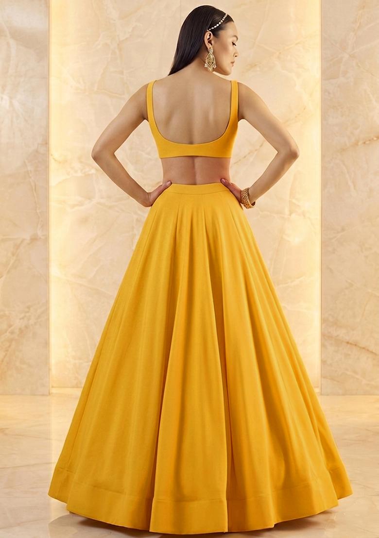 Mustard Yellow Embroidered Handwork Lehenga Set - Indya