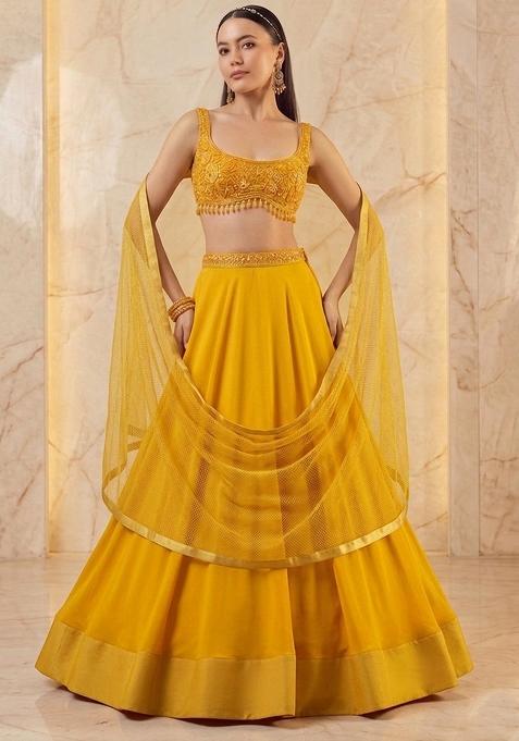 Mustard Yellow Embroidered Handwork Lehenga Set