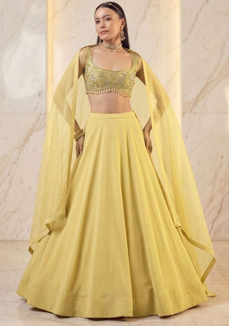 Pastel Yellow Embroidered Handwork Lehenga Set - Indya