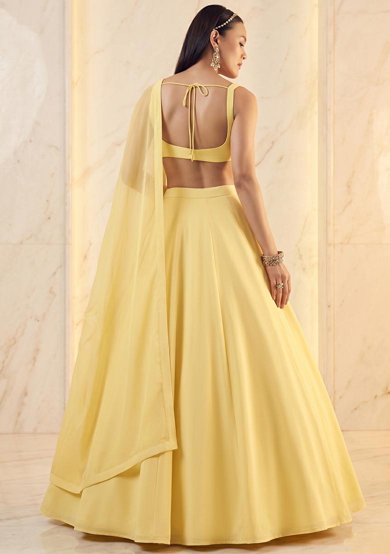 Pastel Yellow Embroidered Handwork Lehenga Set - Indya
