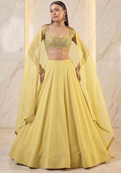 Pastel Yellow Embroidered Handwork Lehenga Set