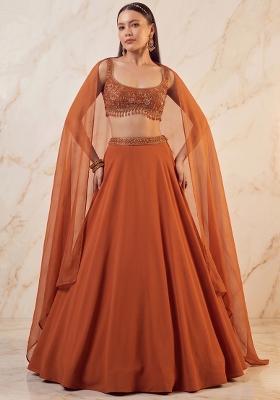 Rust Orange Embroidered Handwork Lehenga Set