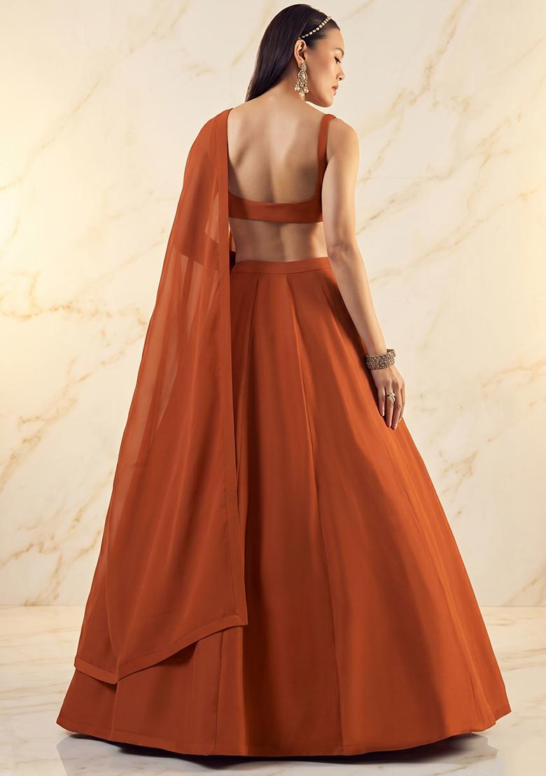 Rust Orange Embroidered Handwork Lehenga Set - Indya