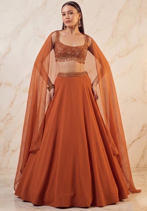 Rust Orange Embroidered Handwork Lehenga Set