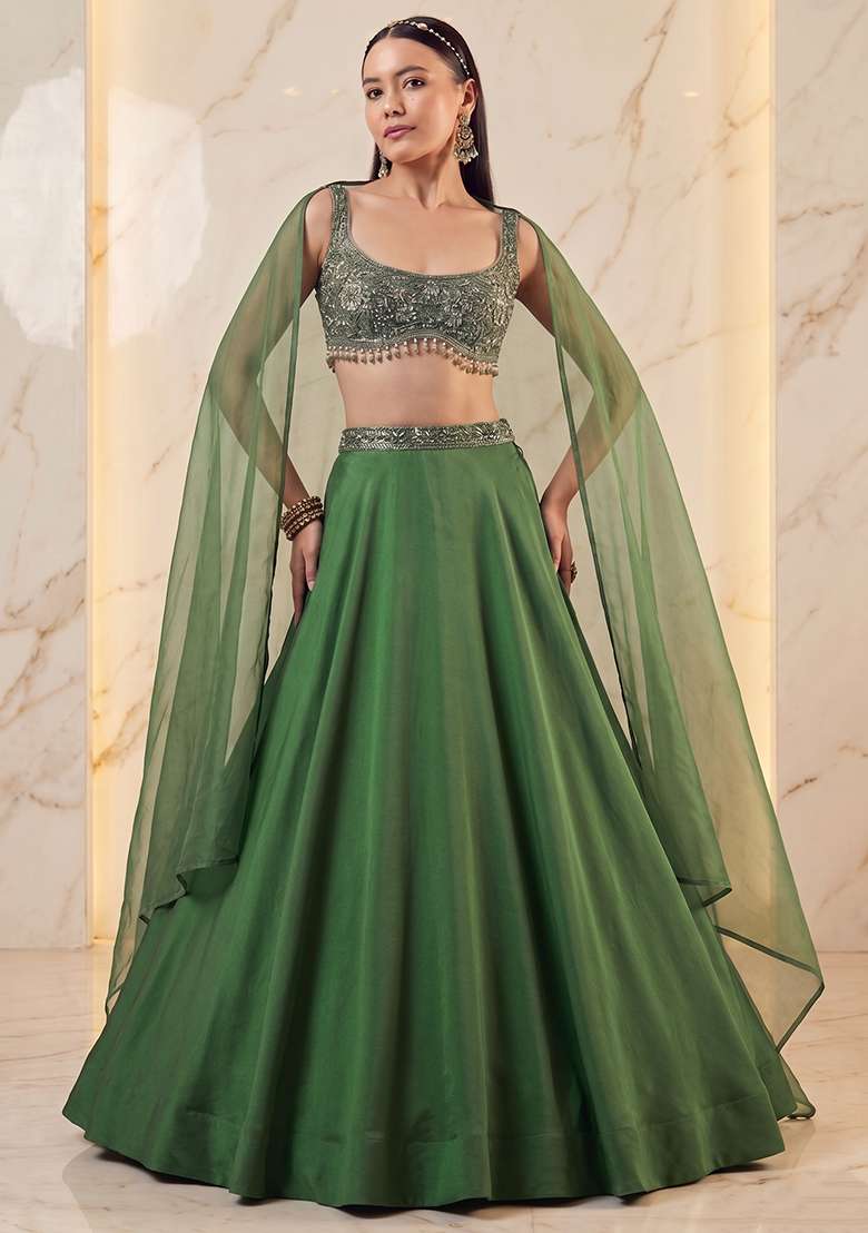 Olive Green Embroidered Handwork Lehenga Set - Indya
