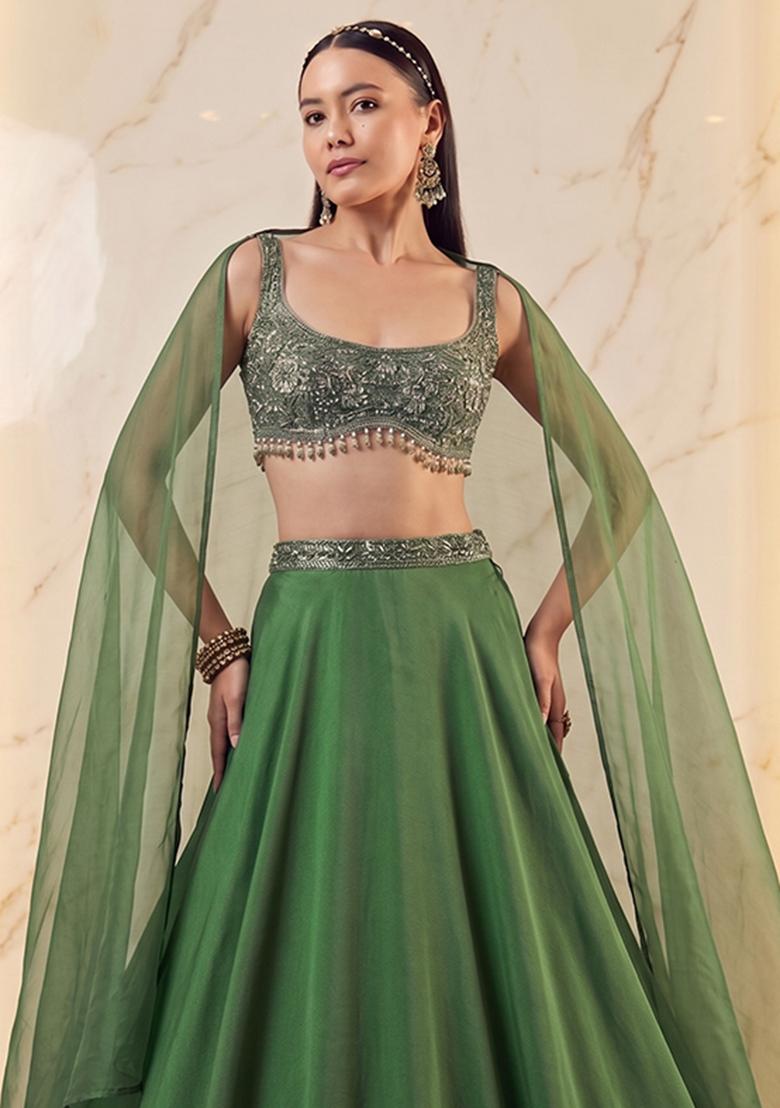 Olive Green Embroidered Handwork Lehenga Set - Indya