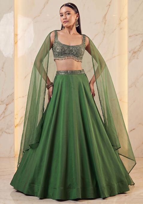 Olive Green Embroidered Handwork Lehenga Set