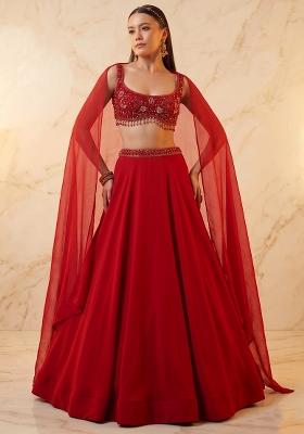 Deep Red Embroidered Handwork Lehenga Set