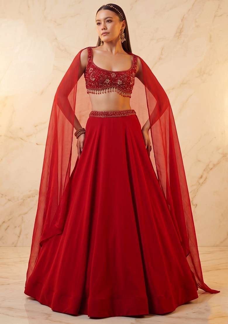 Deep Red Embroidered Handwork Lehenga Set - Indya