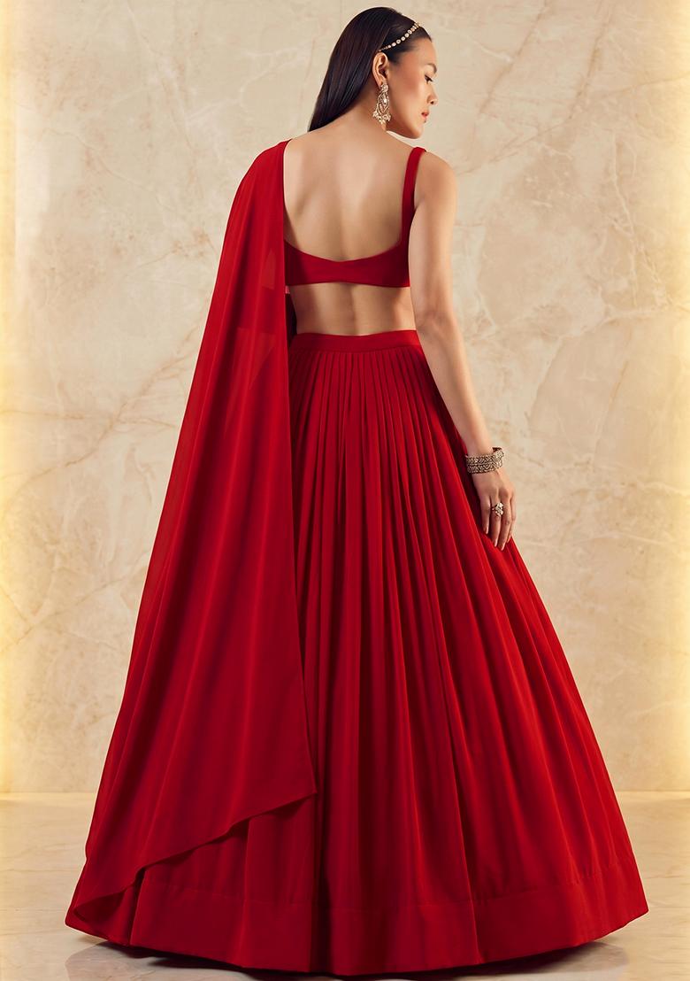 Deep Red Embroidered Handwork Lehenga Set - Indya