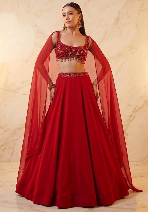 Deep Red Embroidered Handwork Lehenga Set