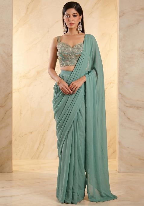 Pastel Green Embroidered Handwork Pre Draped Saree Set