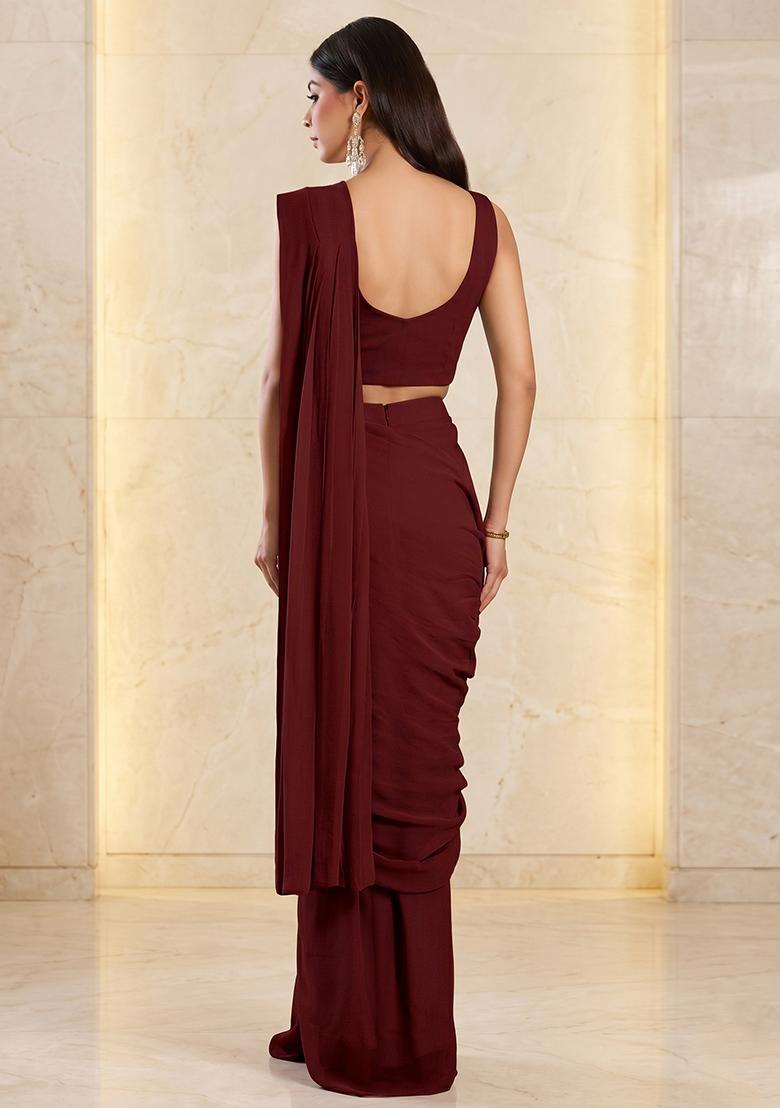Deep Brown Embroidered Handwork Pre Draped Saree Set - Indya