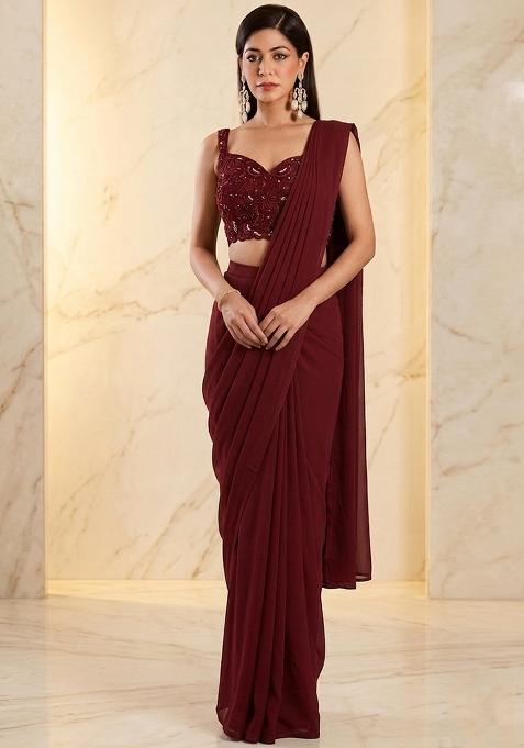 Deep Brown Embroidered Handwork Pre Draped Saree Set