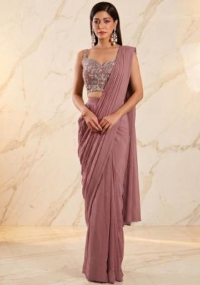 Mauve Embroidered Handwork Pre Draped Saree Set