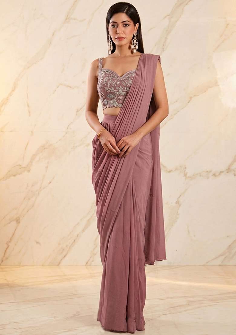 Mauve Embroidered Handwork Pre Draped Saree Set - Indya